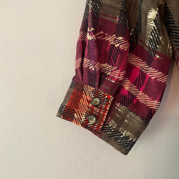 Trina Turk Red Brown Plaid Silk Knee Length Dress Button Down Belted 6 / Medium - Picture 8 of 11